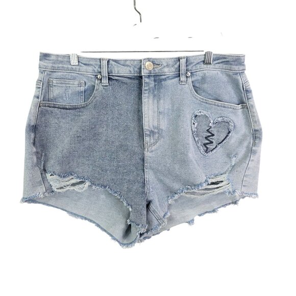 Womens Rue+ Blue Denim Shorts Distressed Heart Appliques Frayed Hem Hi Rise 16 - Picture 1 of 10